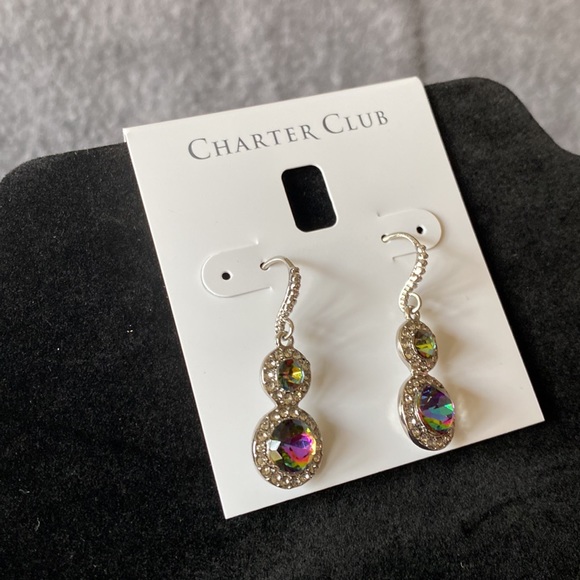 NET Silver Tone Pave’ & Stone Halo Double Drop Earrings Created for Macy’s - Picture 7 of 9